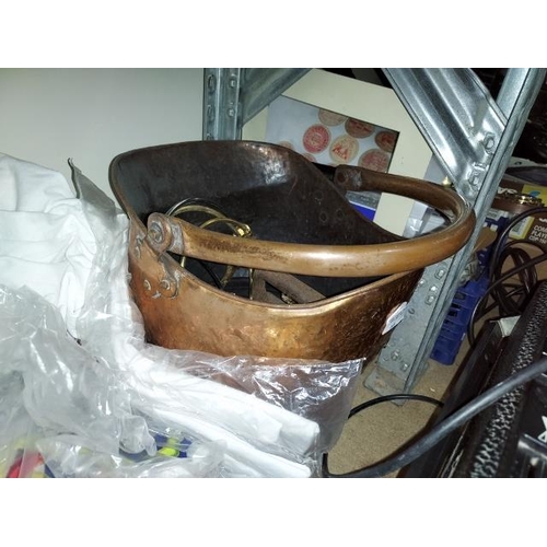 169 - Copper Coal Bucket With Brass Items And Cast Iron Flat Iron