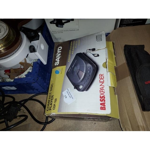 179 - Sanyo Compact Disc Player In Box, Curtain Tie Backs, Universal Remote, Small Laser Level In Case Plu... 