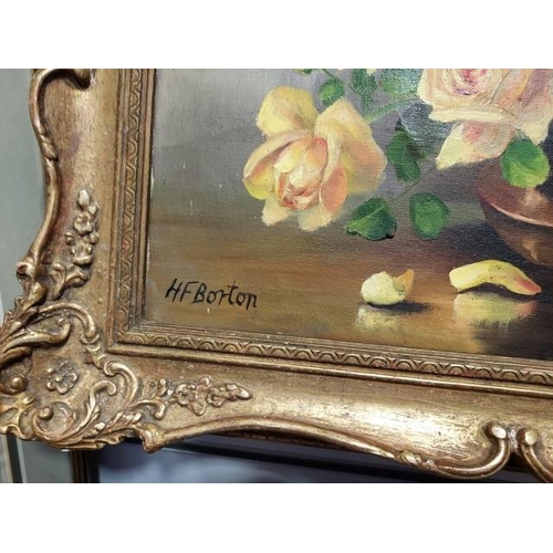 134 - Framed Oil On Canvas Of Roses Signed H.F.Borton