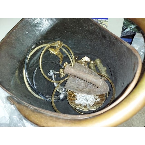 169 - Copper Coal Bucket With Brass Items And Cast Iron Flat Iron