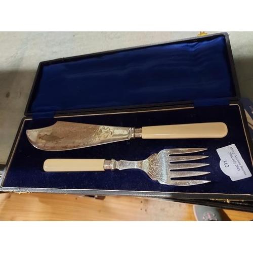 312 - Silver Ferrelled Fish Knife & Fork Set With Bone Handles,  In Case