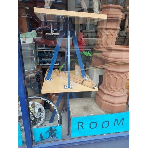 45 - 2 x Oak Effect Café Bistro Table With Blue Metal Pyramid Legs