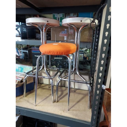 65 - 2 White Leatherette Stools Plus 1 Orange Upholstered Stool