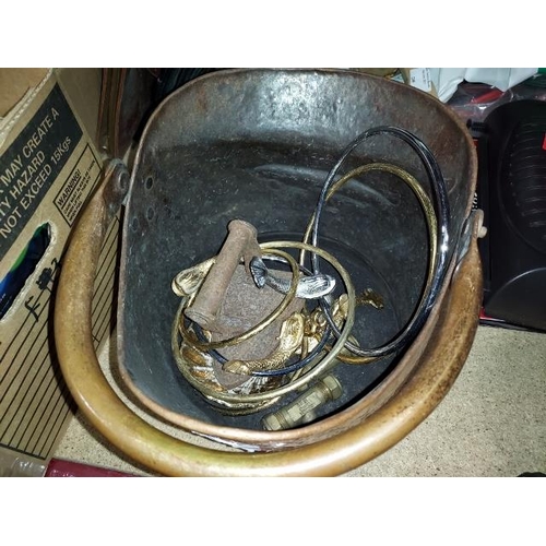 209 - Copper Coal Bucket, Missing Handle With Brass Items Inside And Cast Iron Flat Iron