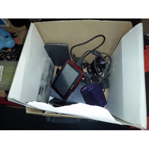 213 - Box Of Electricals Including Old Broken Phone And Sat Nav