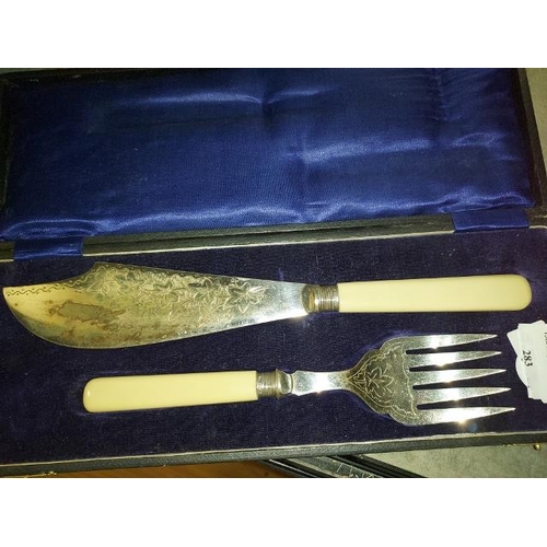 283 - Silver Ferrelled Fish Knife & Fork Set With Bone Handles,  In Case