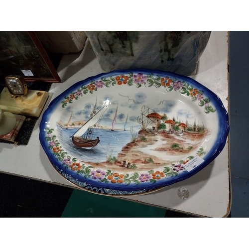 486 - 2 Oval Serving Dishes, 1 Harbour Scene And 1 Floral Pattern