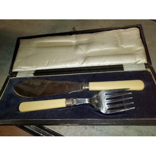 297 - Bone Handled Silver Ferrelled Fish Knife And Fork Set In Case