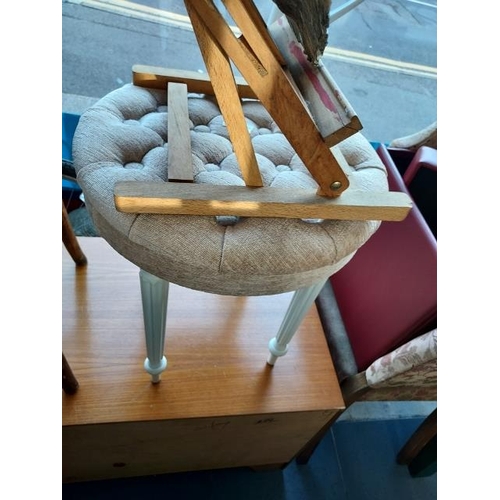 47 - Beige/Cream Stool With Wooden Legs Plus Red Leatherette Storage Stool