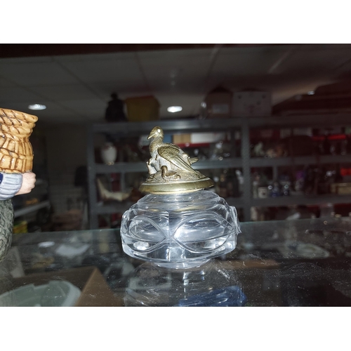 316 - Cut Glass And Bronze Inkwell With Birds A/F