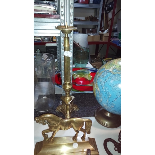 561 - Large Antique Heavy Brass Candle Holder Depicting A Mother And Child. 2.4kg, 22 Inches Tall