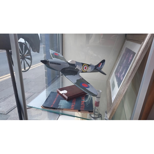 64 - Wooden Spitfire On Plinth And Battle Of Britain Book