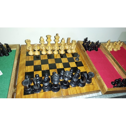 199 - 3 Various Wooden Chess Sets, 1 Complete, 1 With 1 Pawn Missing, Last One Had Different Pawn And Hors... 