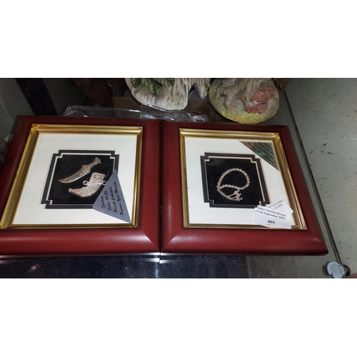 405 - 2 Small Framed Pictures, 1 Dagger, 1 Necklace, Both Made From Silver