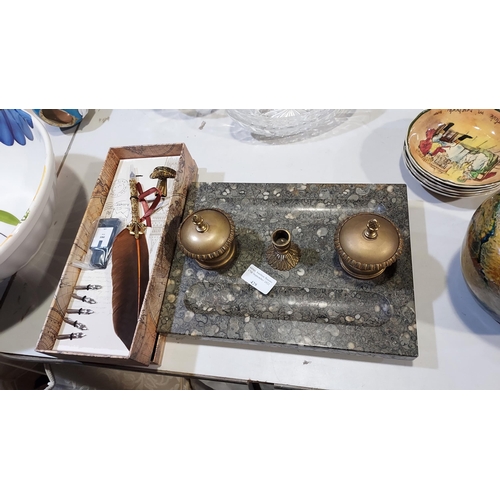 429 - Edwardian Brass Desk Tidy On Marble Base With Calligraphy Set In Box