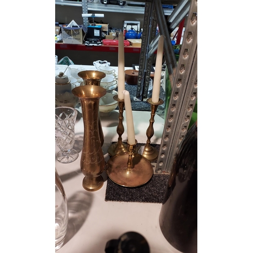 488 - 3 Brass Candlesticks Plus 2 Brass Vases