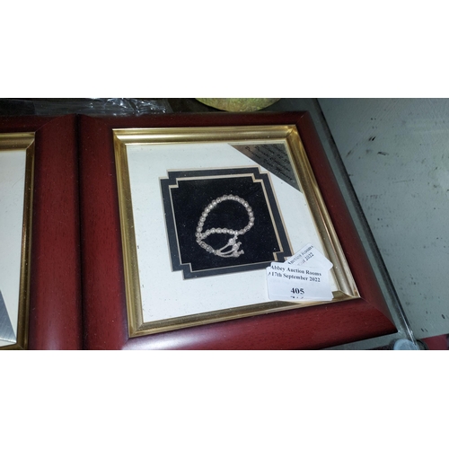 405 - 2 Small Framed Pictures, 1 Dagger, 1 Necklace, Both Made From Silver