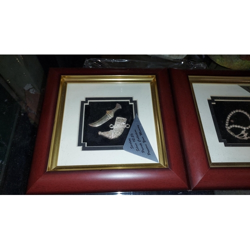 405 - 2 Small Framed Pictures, 1 Dagger, 1 Necklace, Both Made From Silver