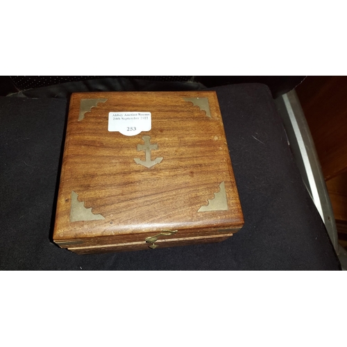 253 - Modern Brass Sundial/Compass In Wooden Box By West Of London