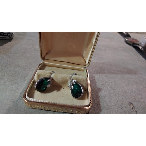 320 - Pair Of Emerald Colour Stone Dress Earrings