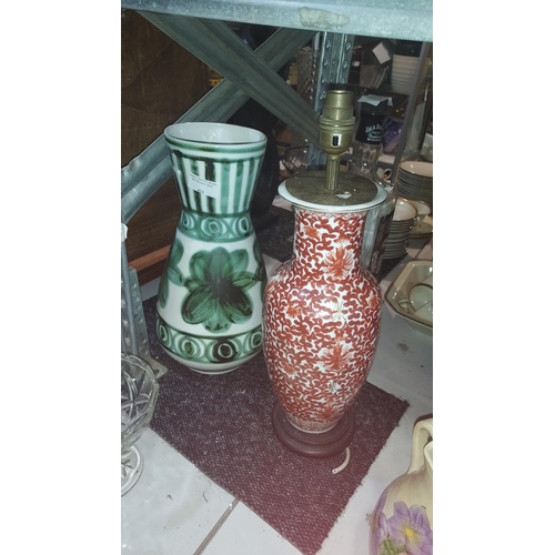 423 - Cinque Port Pottery Ltd At Rye, Large Green Floral Pattern Vase Plus China Oriental Red Patterned Ta... 