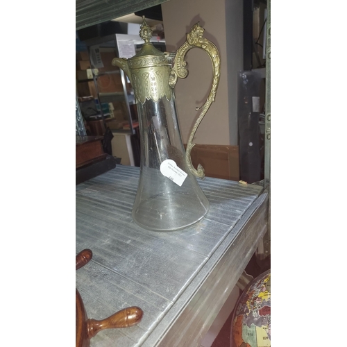 448 - Clear Glass Claret Jug With Metal Lid And Handle