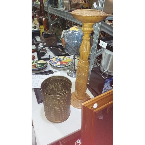 462 - Tall Decorative Wooden Ashtray Plus Brass Bucket/Tin With Horse Pattern