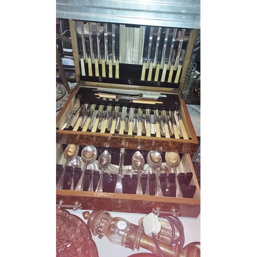 482 - Large Wooden Cutlery Canteen With Contents