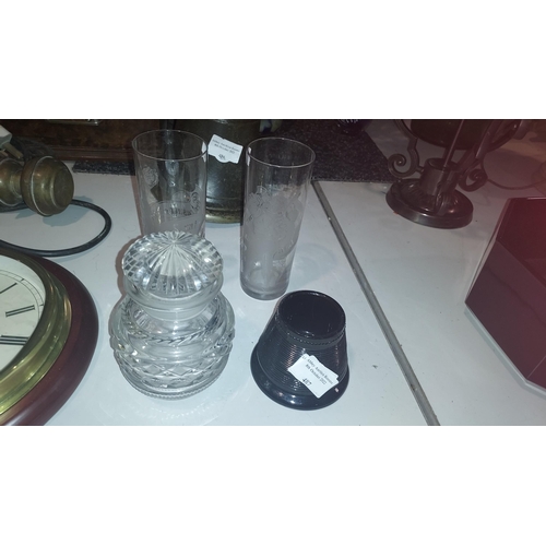 487 - 2 Etched Glasses, 1 Black Glass Match Striker And 1 Heavy Cut Glass Jar With Lid