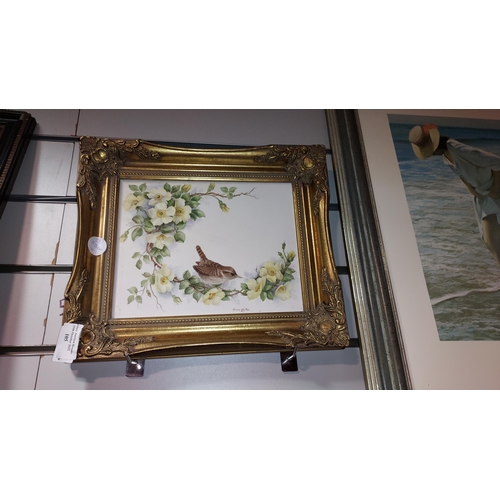 105 - Gilt Framed Painting Of Wren On Tile By Rosina Ayton