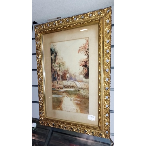 384 - Framed Victorian Duck Hunting Net Watercolour