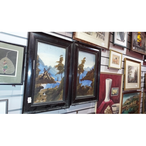 105 - Pair Of Oil Continental Lake Scenes With Mountains In Background On Glass. Both Frames A/F