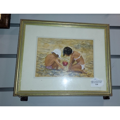 110 - Small Framed Watercolour Called Sand Pies Signed Jan Peskin