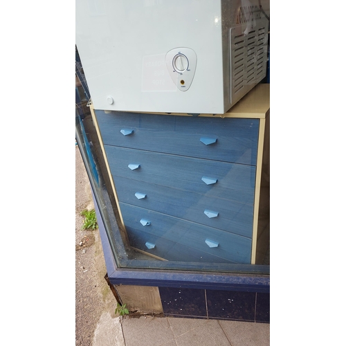 37 - Blue Fronted Chest Of Drawers, 1 Handle Chipped,  Plus Small Bedside