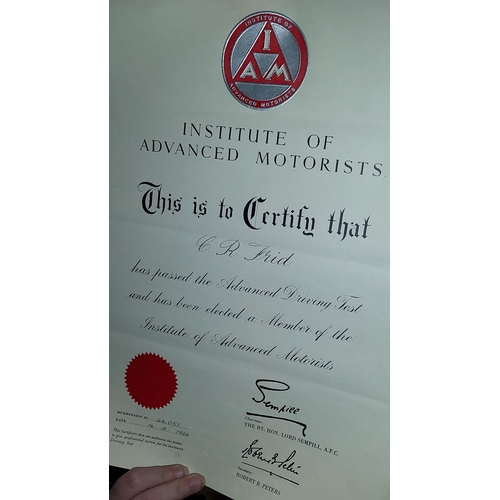 280 - Institute Of Advanced Motorists Car Badge With Certificate Dated 1964