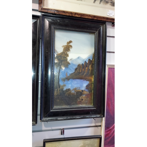 105 - Pair Of Oil Continental Lake Scenes With Mountains In Background On Glass. Both Frames A/F