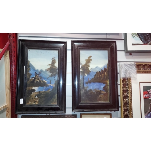 102 - Pair Of Oil Continental Lake Scenes With Mountains In Background On Glass. Both Frames A/F