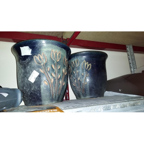 143 - 2 Blue Earthenware Planters With Floral Design Size 9