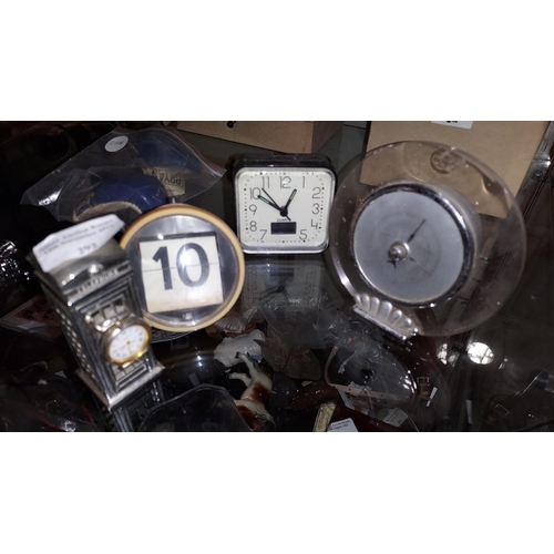 292 - 4 Small Clocks, 1 Retro, 1 Silver Coloured (A/F Needs Clock Re-attaching)