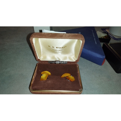 312 - Pair Of Vintage Russian Solid Silver 875 Cufflinks, Amber Colour Ends, Russian Hallmarks