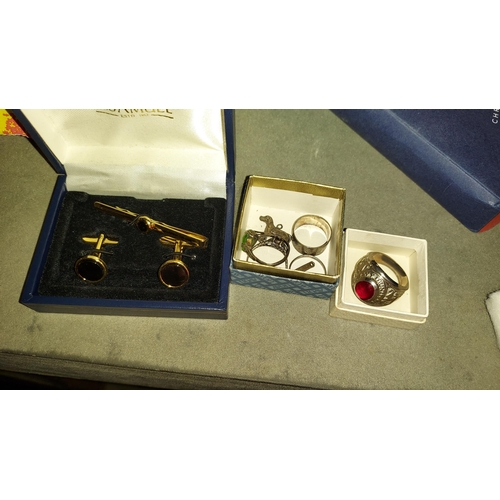 314 - Set Of Cufflinks And Tie Pin, Dress Ring With Red Stone And Selection Of Rings And Pendants. Some Si... 