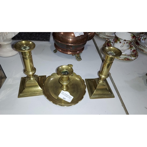 455 - Pair Of Brass Candle Sticks Plus Brass Wee Willy Winkle Candle Holder