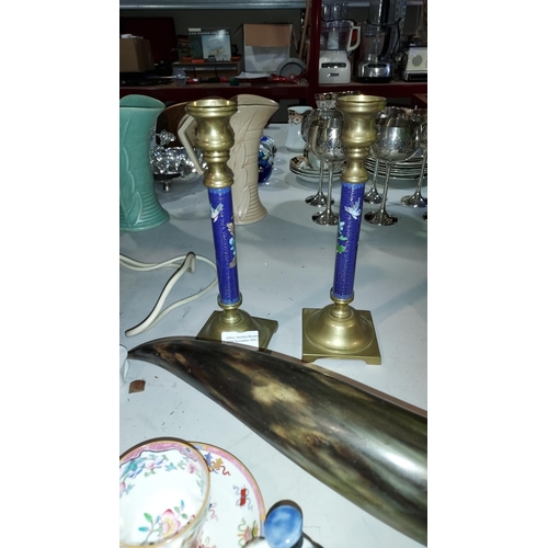 511 - Pair Of Brass Candlesticks With Cloisonne Pattern