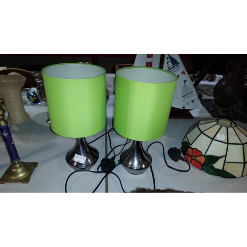 514 - Pair Of Silver Coloured Touch Table Lamps With Green Shades