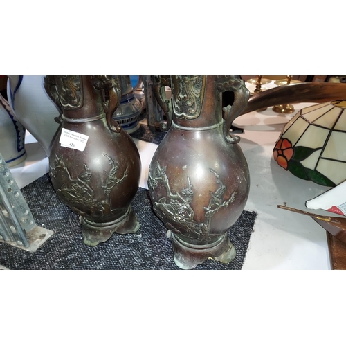 427 - Pair Of 20Th Century Oriental Bronze Vases 1 With Repair To Base