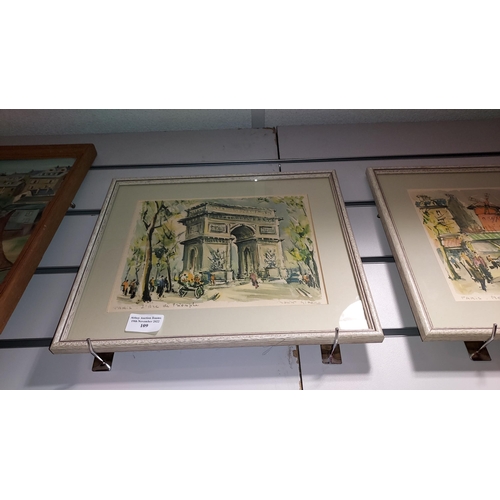 109 - Pair Of Paris Prints By Marius Girard Including Moulin Rouge & L'arc De Triomphe