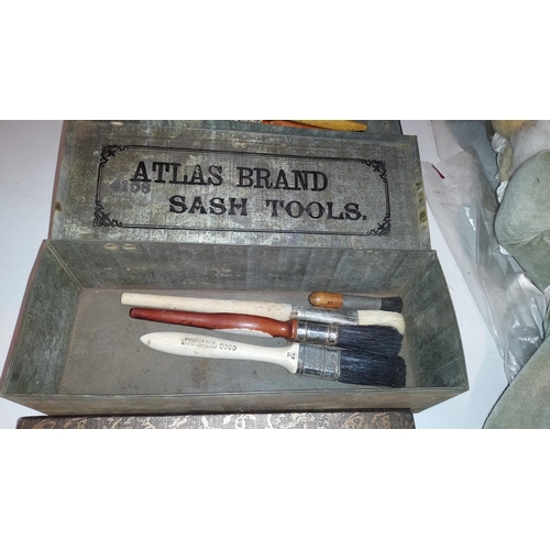 507 - Hamilton & Co Plus Atlas Brand Sash Tool Boxes Plus Old Paint Brushes