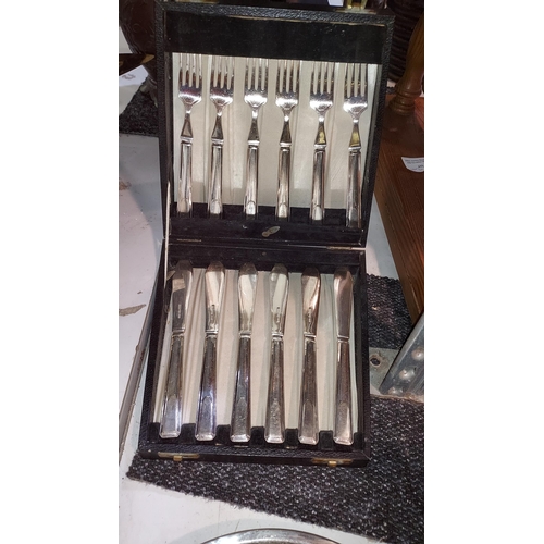 533 - 6 Place Fish Knife And Fork Set In Decorative Leather Bound Case Plus Antique Kitchen Scales