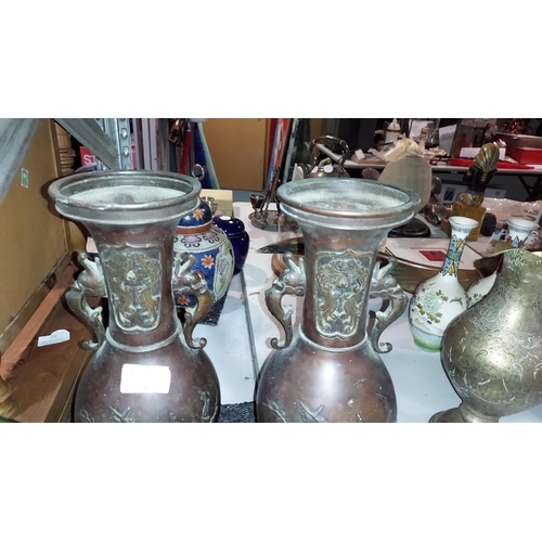 447 - Pair Of 20Th Century Oriental Bronze Vases 1 With Repair To Base