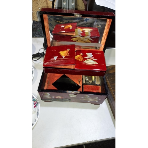 480 - Red Lacquer Effect Musical Jewellery Box With Key